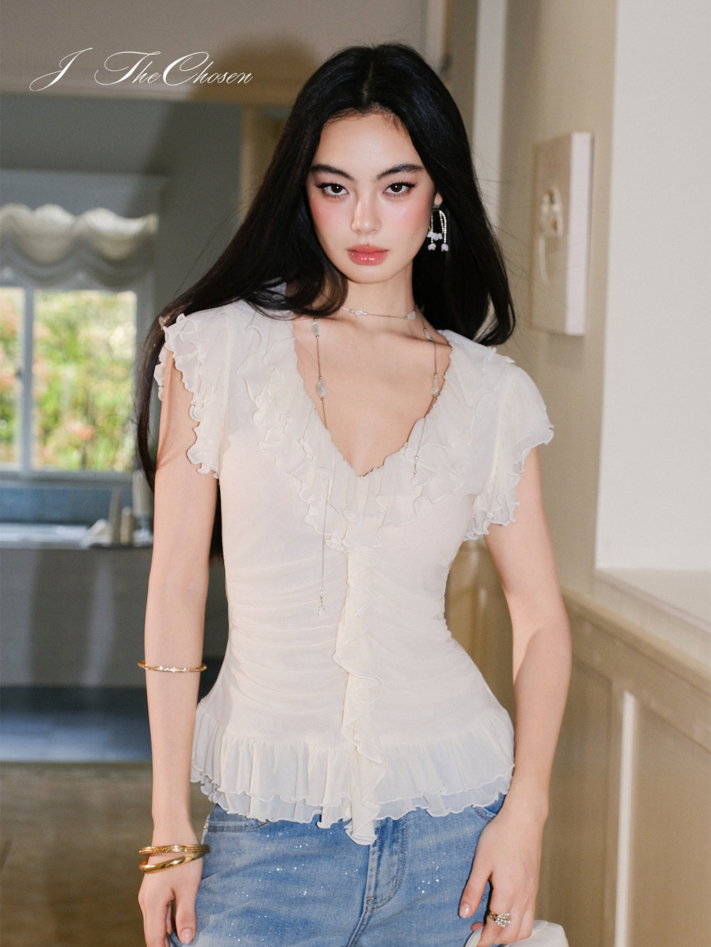 J TheChosen V-Neck Ruffle Smocked Knit Top