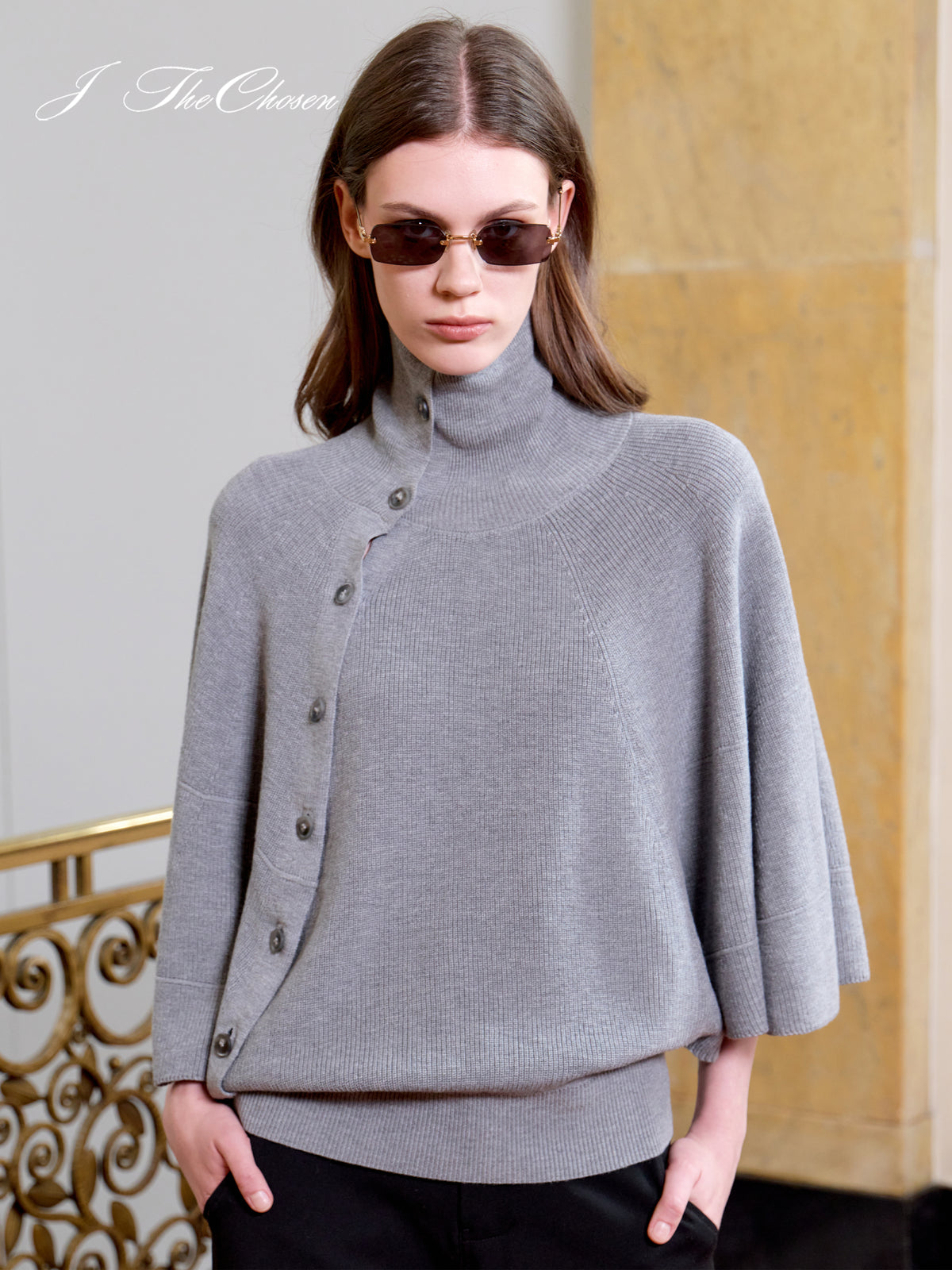 J TheChosen Asymmetric Button Cape Knit Sweater