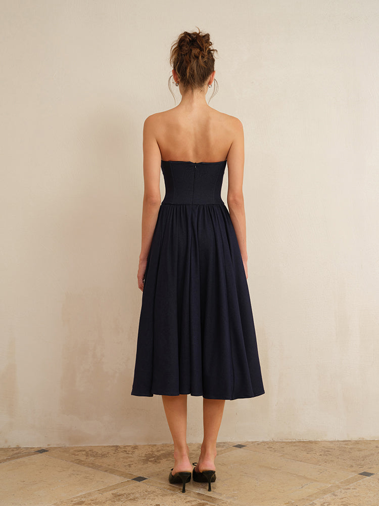knee length dresses for ladies J TheChosen Navy Strapless Corset Midi Dress