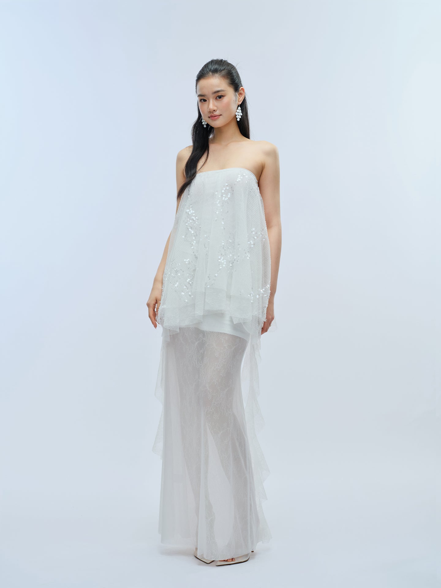 J TheChosen Pleated Sequin Lace Mesh Fishtail Skirt Set