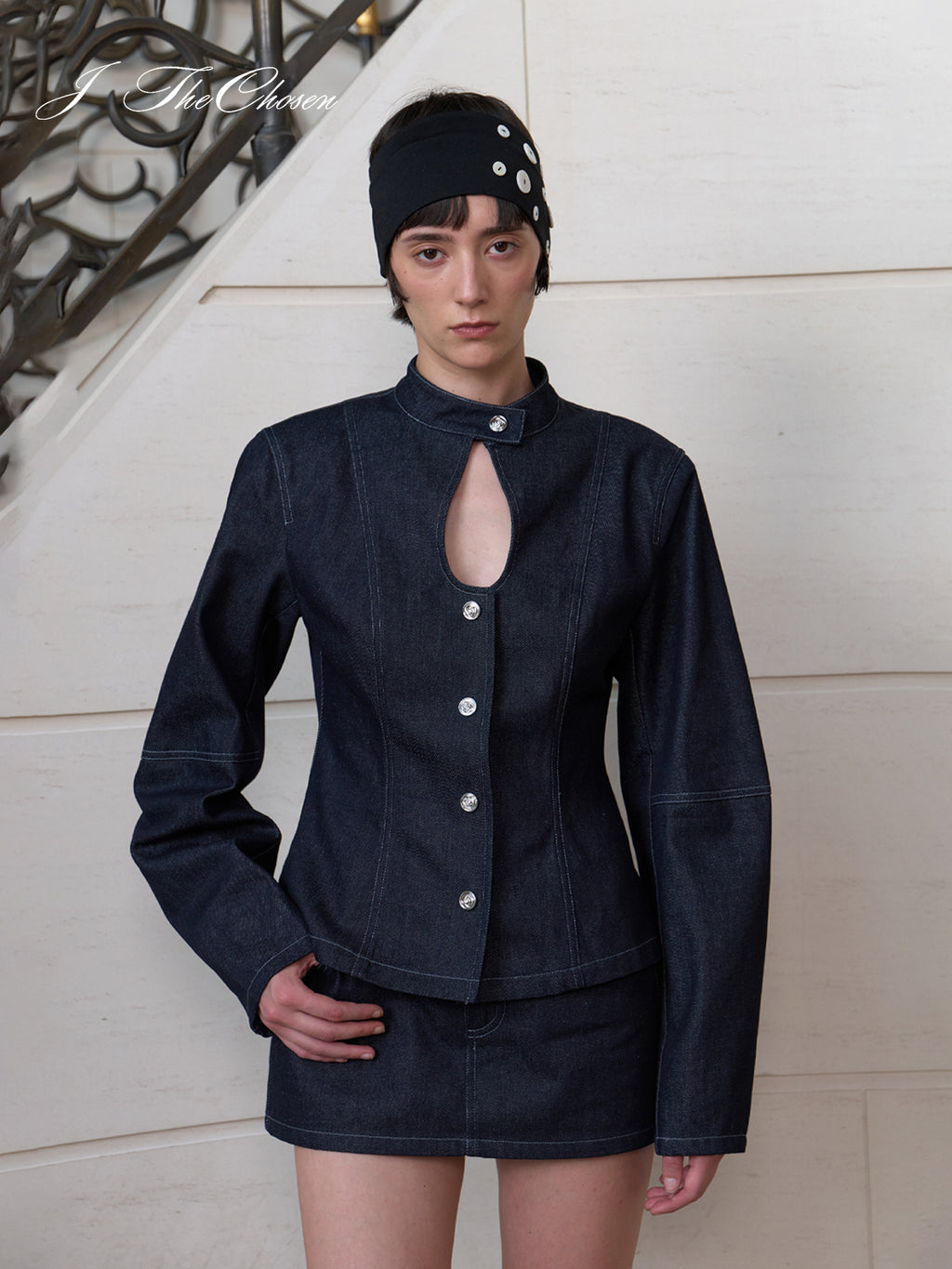 J TheChosen Stand-Collar Denim Jacket & Skirt Set