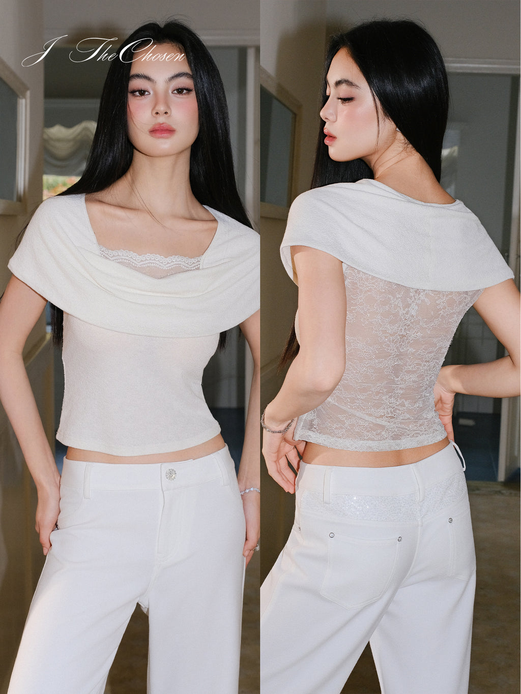 J TheChosen Sequin Knit Lace Blouse with Oversized Collar