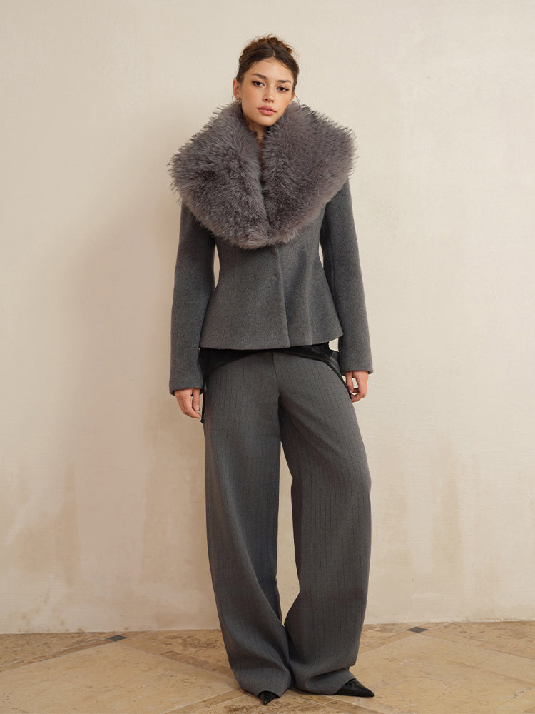 J TheChosen Removable Faux Fur Collar Waist-Cinching Wool Coat