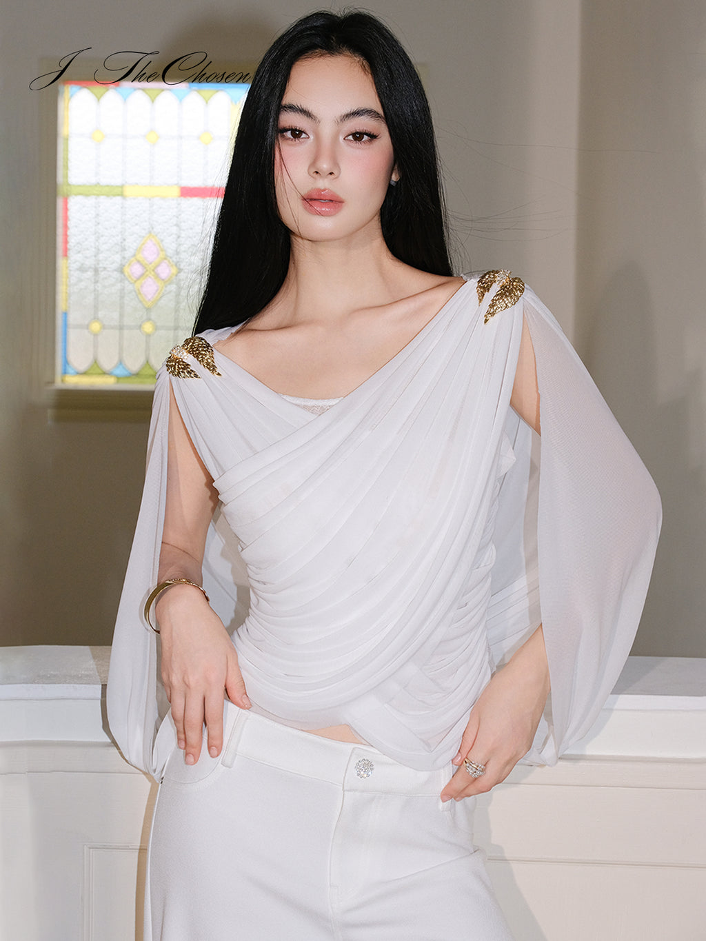 J TheChosen White Grecian Ruched Crisscross Cami