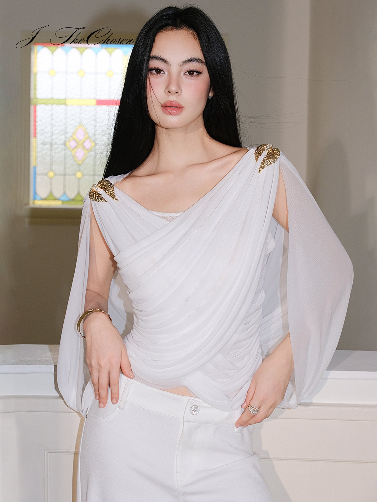 J TheChosen White Grecian Ruched Crisscross Cami