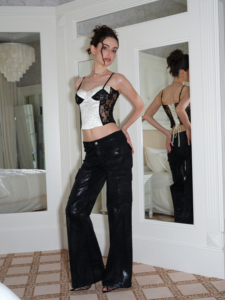 J TheChosen “liquid wax” Black low-rise waxed denim wide-leg pants