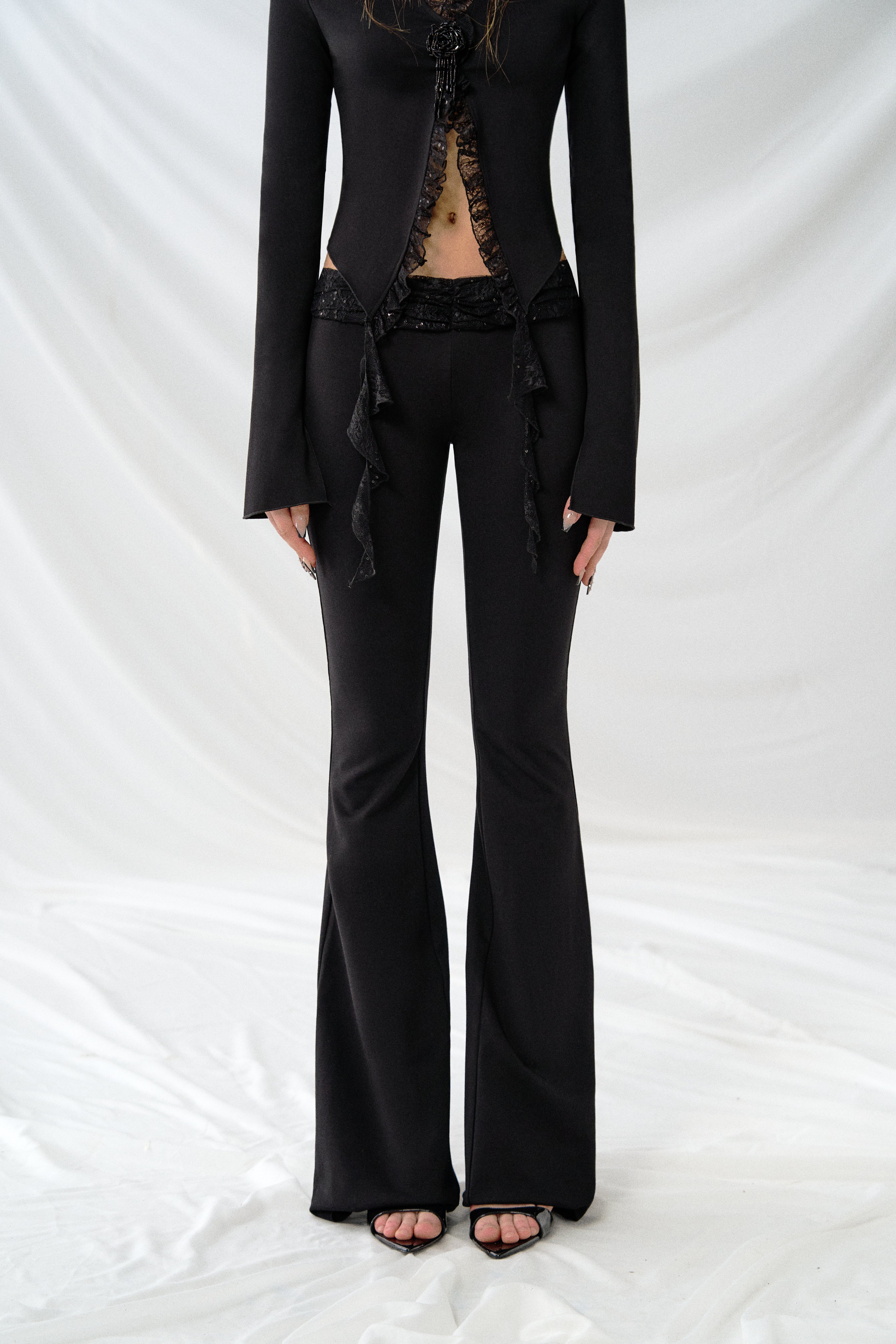 J TheChosen Black Lace Panel Low-Rise Flared Pant