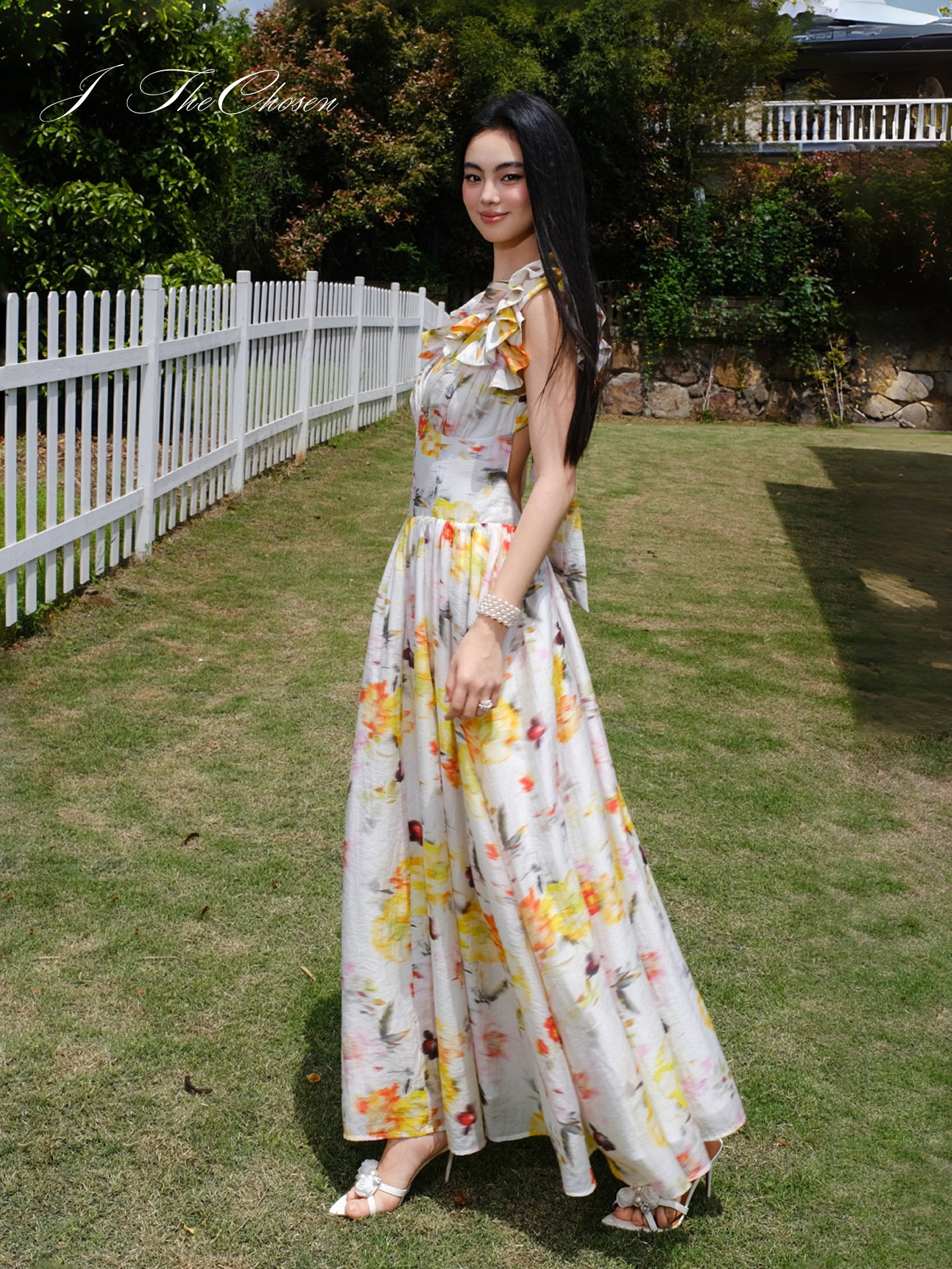 J TheChosen Ombre Floral Ruffle V-Neck Vacation Dress
