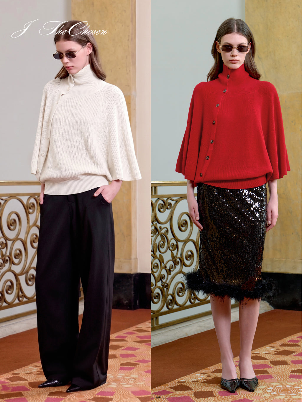 J TheChosen Asymmetric Button Cape Knit Sweater