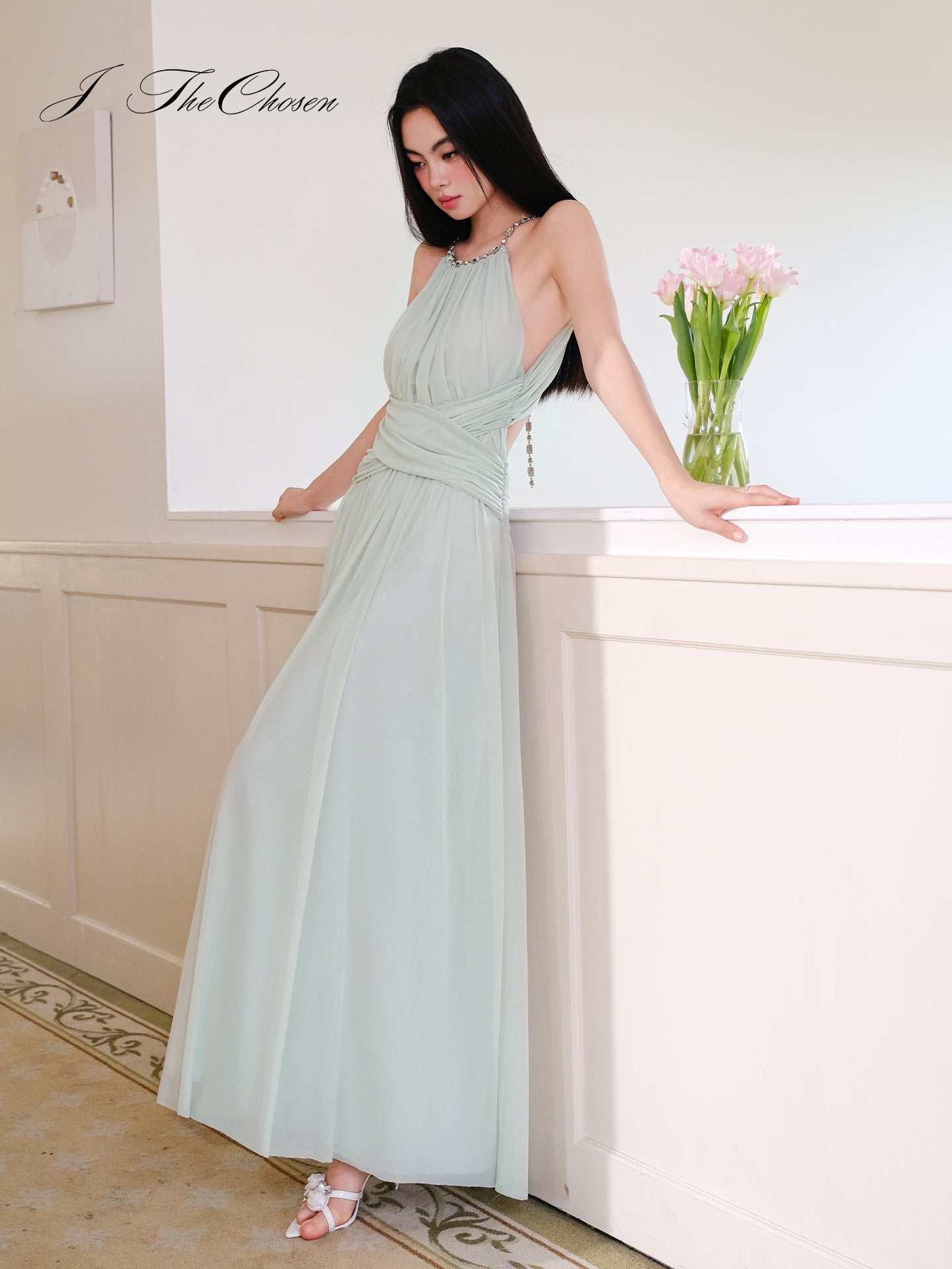 J TheChosen Mesh Ruched Halter Dress
