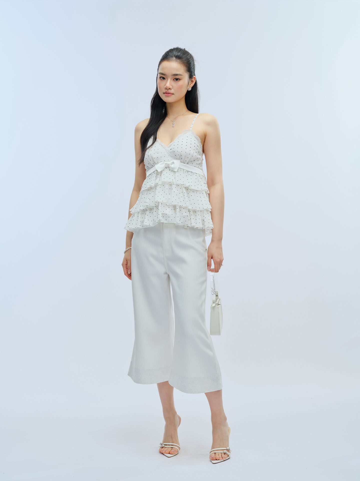 J TheChosen Polka Dot Chiffon Tiered Lace Bow Top