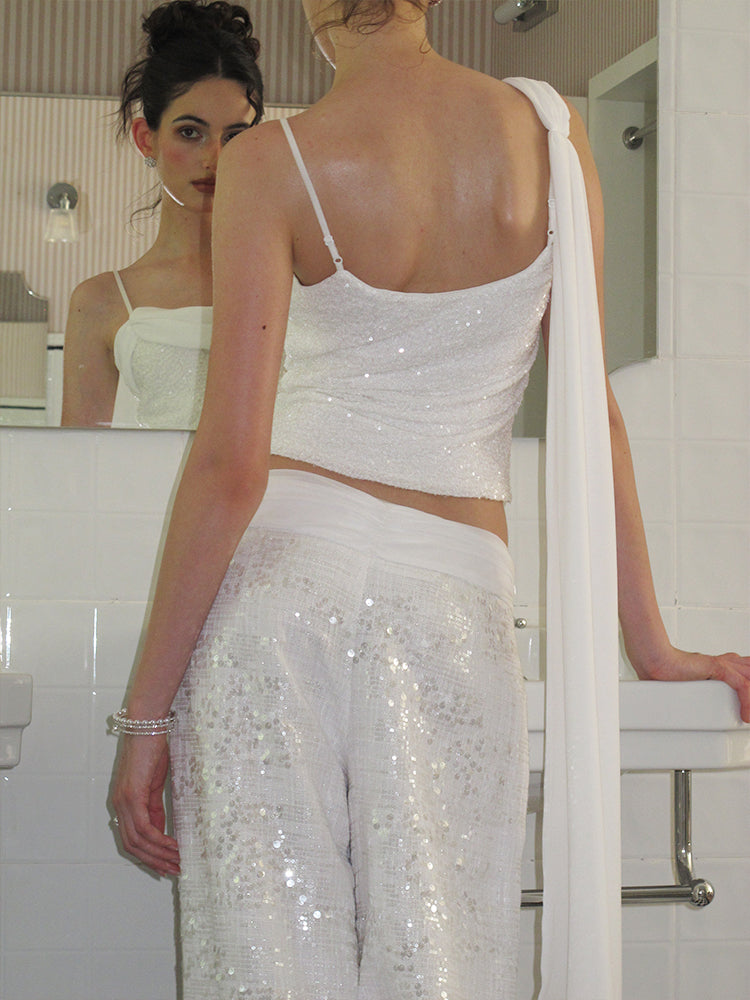 J TheChosen"Midday Moonbeam"White Sequin linen chiffon pleated pants