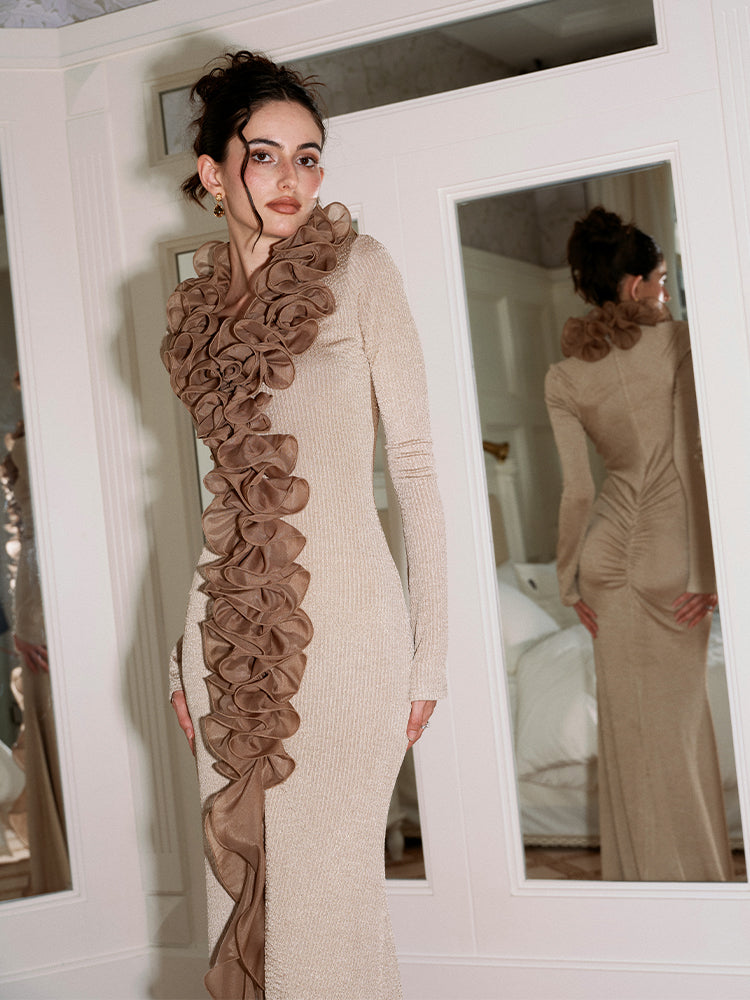 J TheChosen “Embered Gold"Gold 3D ruffled hemline split maxi dress