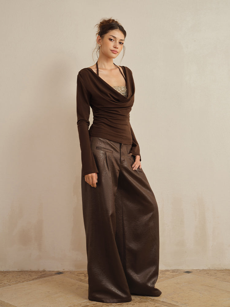 J TheChosen Satin-Textured Leather Wide-Leg Pants