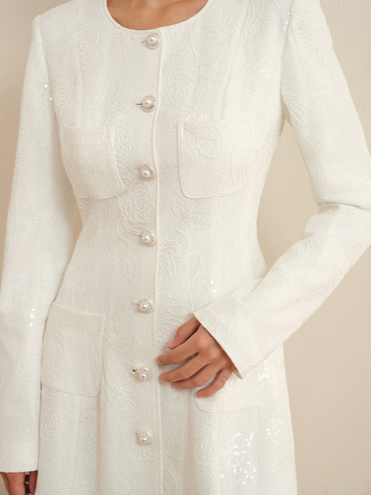 J TheChosen Camellia Lace Sequin With Pearl Buttons Midi Dress