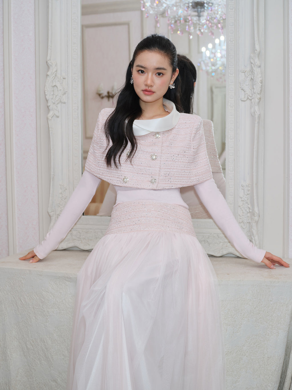 J TheChosen Crystal Button Tweed Set with Satin Cape Collar
