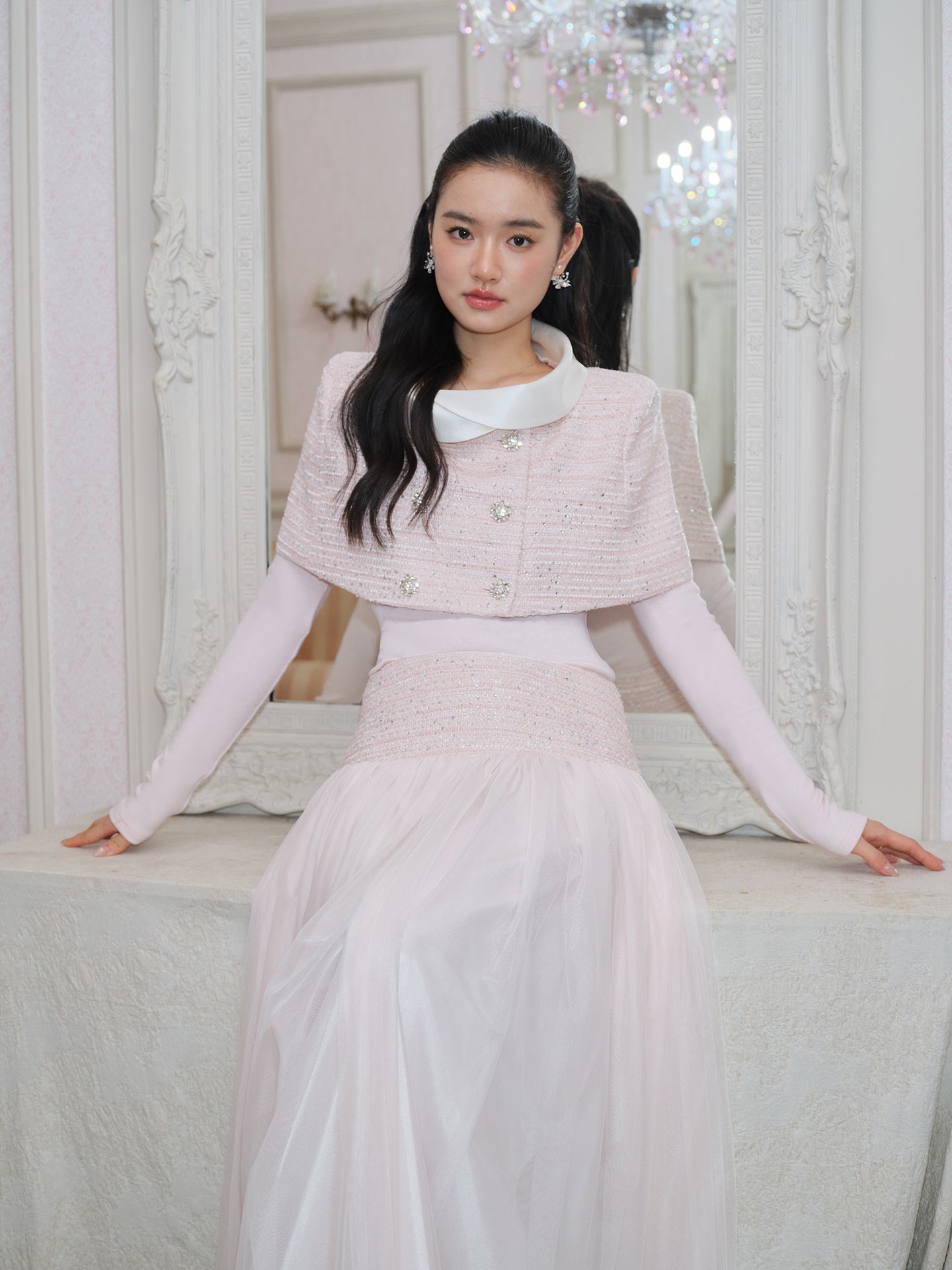 J TheChosen Crystal Button Tweed Set with Satin Cape Collar