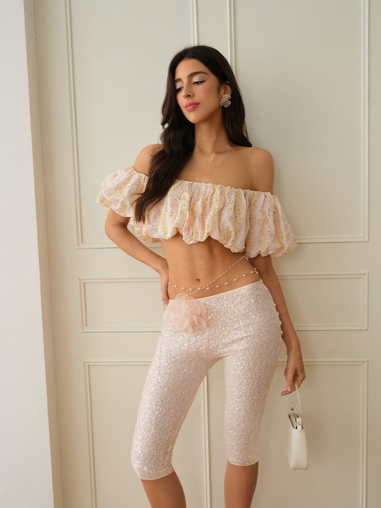 J TheChosen Sequins Crop Pants With Pearl Feather