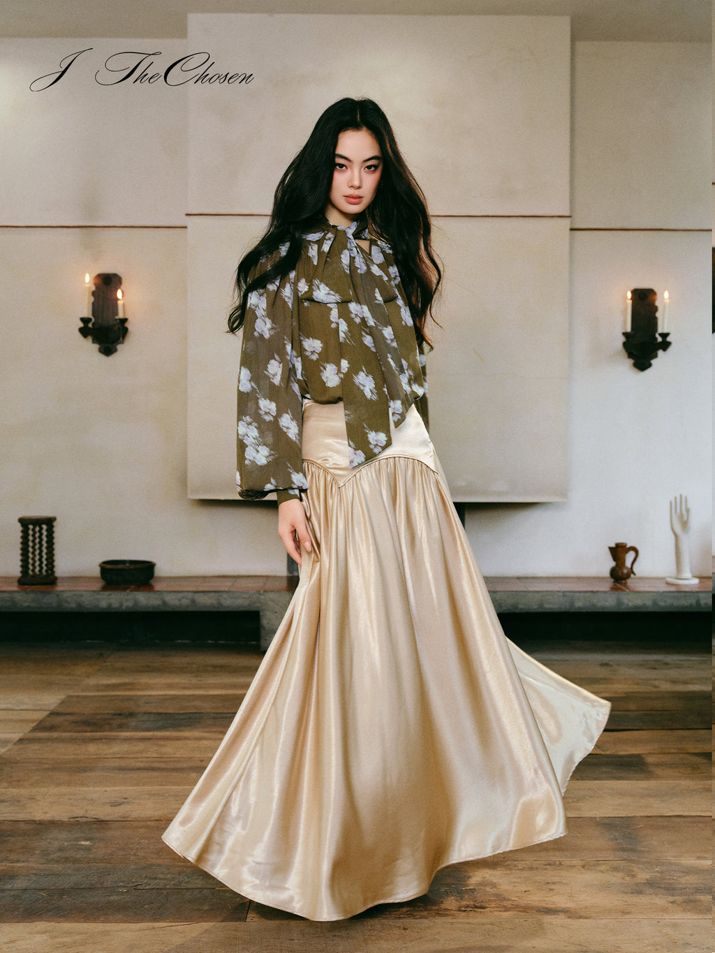 J TheChosen Long-Sleeve Shirt & Satin A-Line Skirt Set