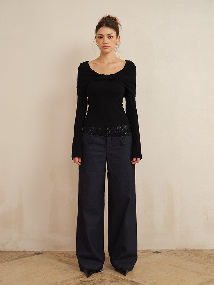 J TheChosen Dual-Waist Lace and Sequin Patchwork Navy Wide-Leg Pants