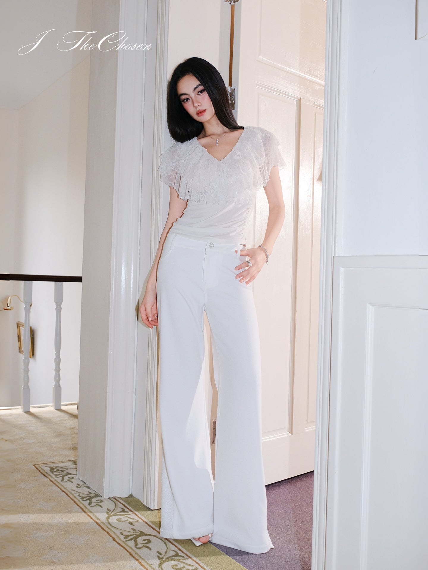 J TheChosen Lace Ruffle V-Neck Knit Top