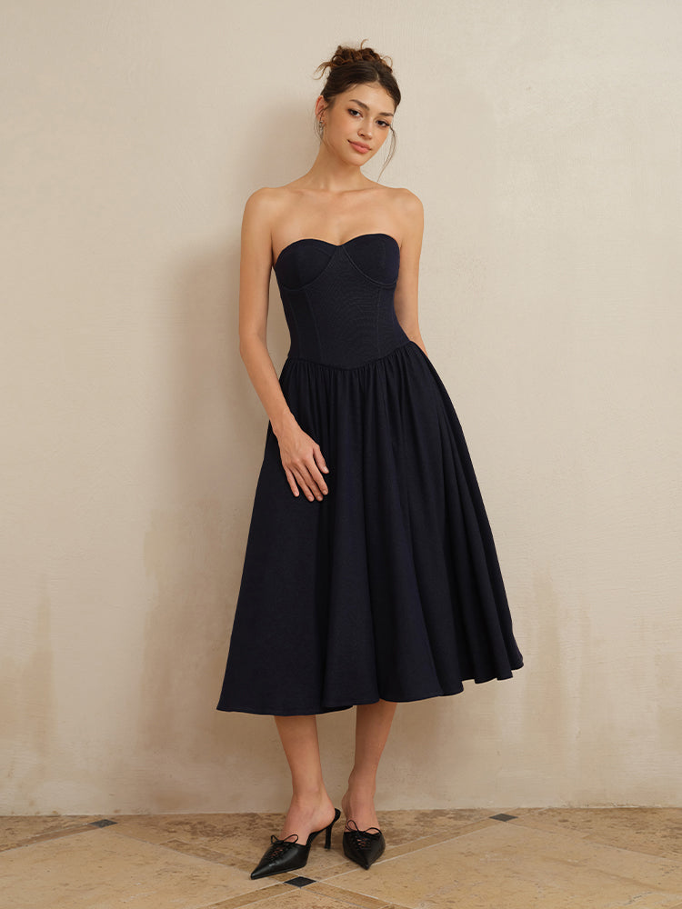 J TheChosen Navy Strapless Corset Midi Dress With Cardigan