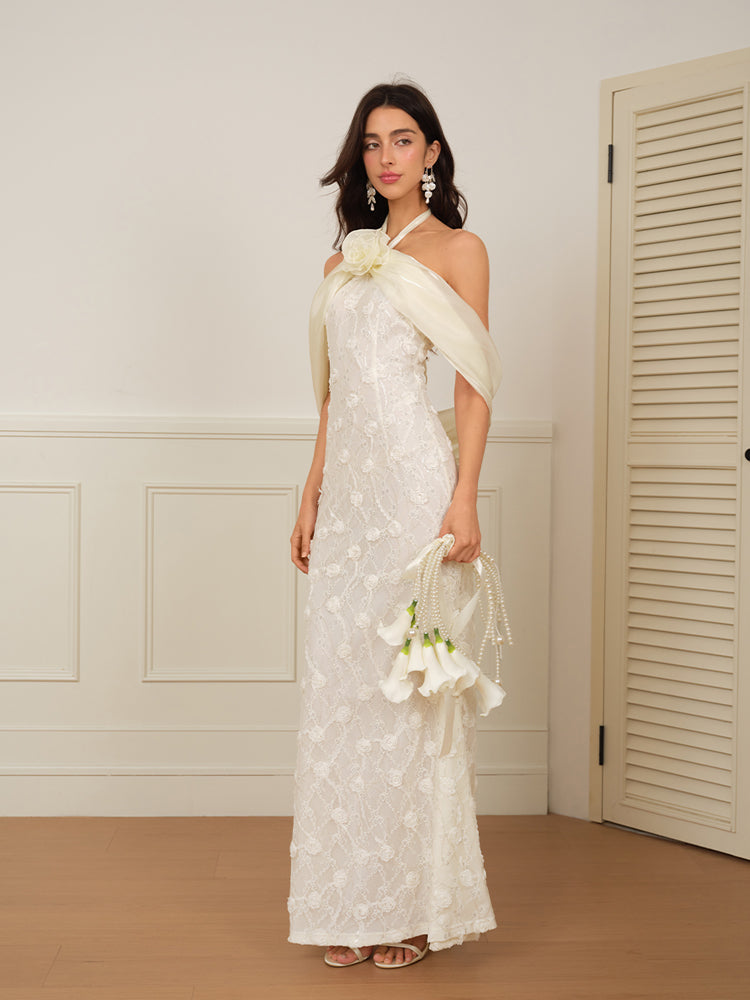 J TheChosen "Mist Bloom" Lace Sequin Embroidered 3D Flower Draped Dress / Long Dress