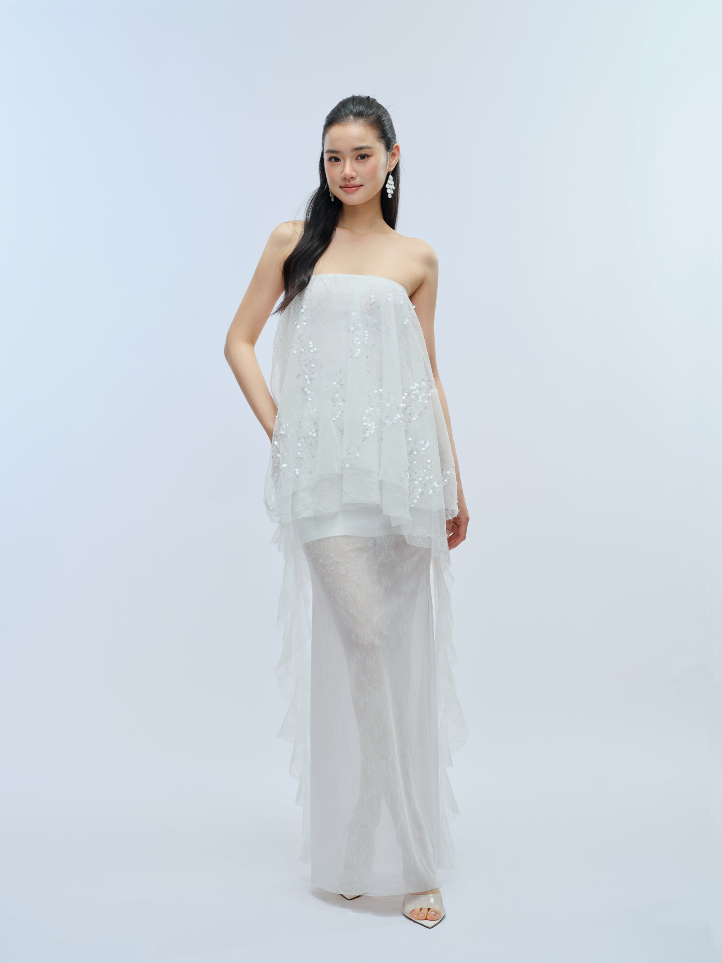 J TheChosen Pleated Sequin Lace Mesh Fishtail Skirt Set