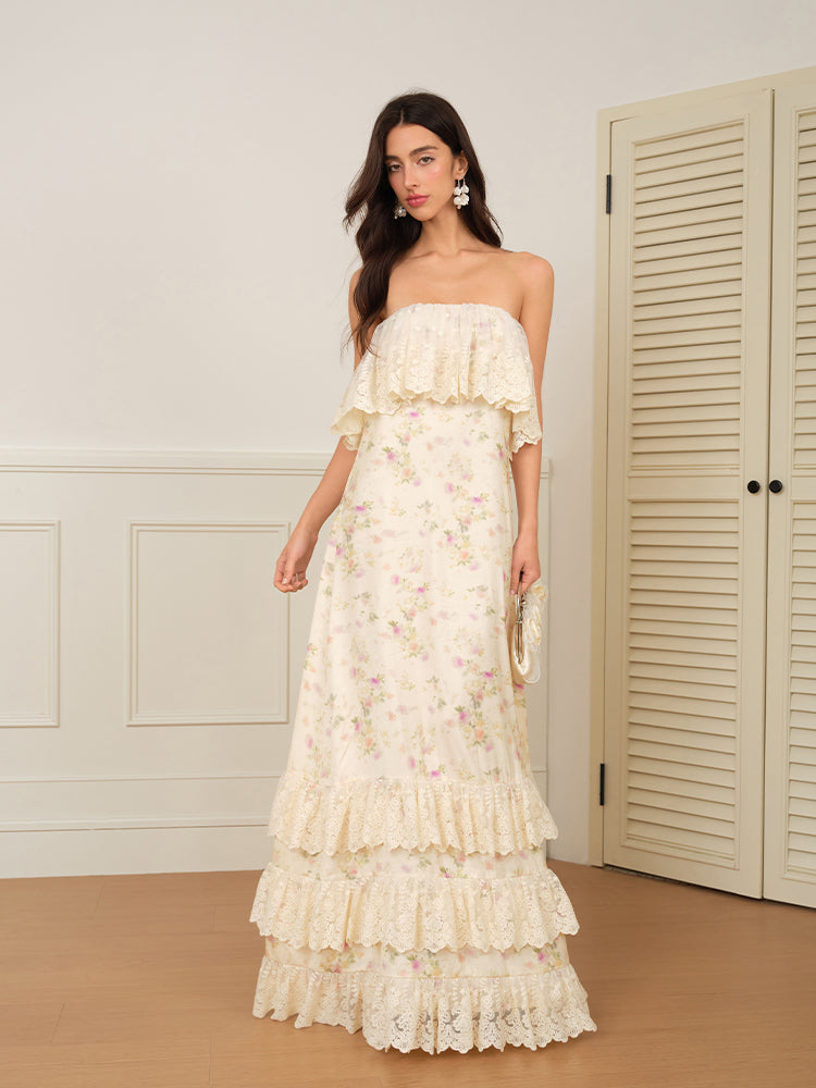 J TheChosen Off-shoulder Floral Satin Lace Maxi Dress