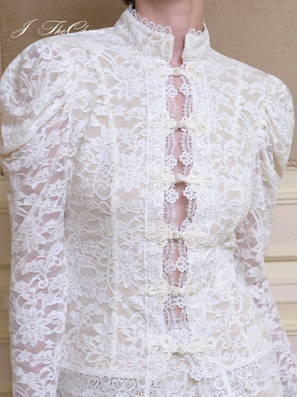 J TheChosen Vintage Lace Frog-Button Top & Mermaid Skirt Set