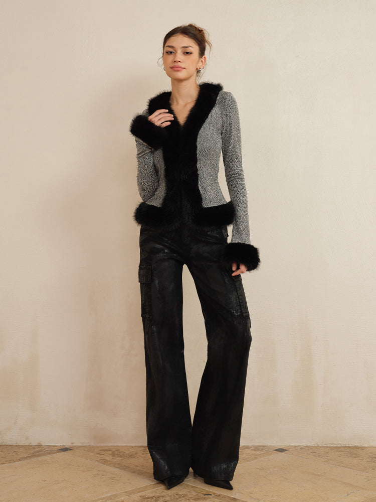 J TheChosen Sequin-Embellished Knit Top With Faux Fur Collar
