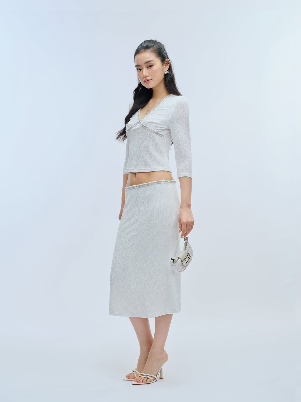 J TheChosen Pearl White V-Neck Top & Mermaid Skirt Set