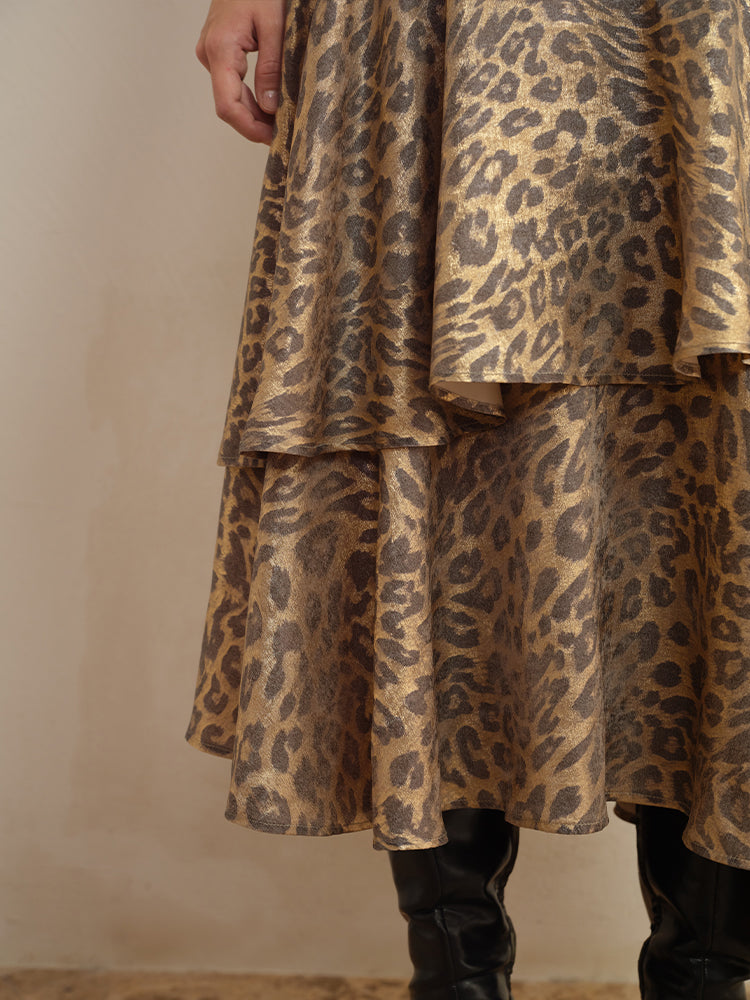 J TheChosen Asymmetrical Leopard Print Long Skirt