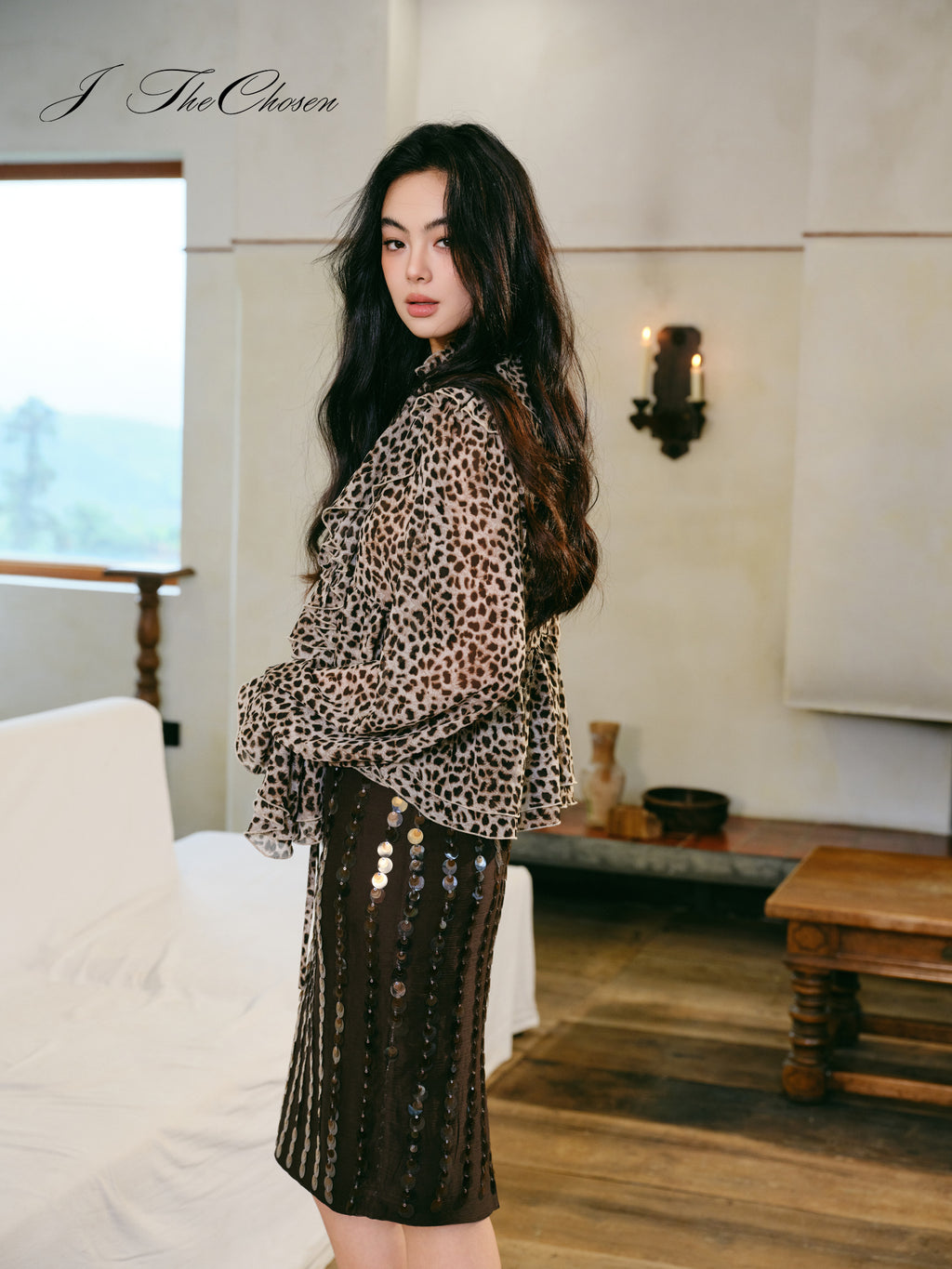 J TheChosen Ruffle Leopard Shirt & Sequin A-Line Skirt Set