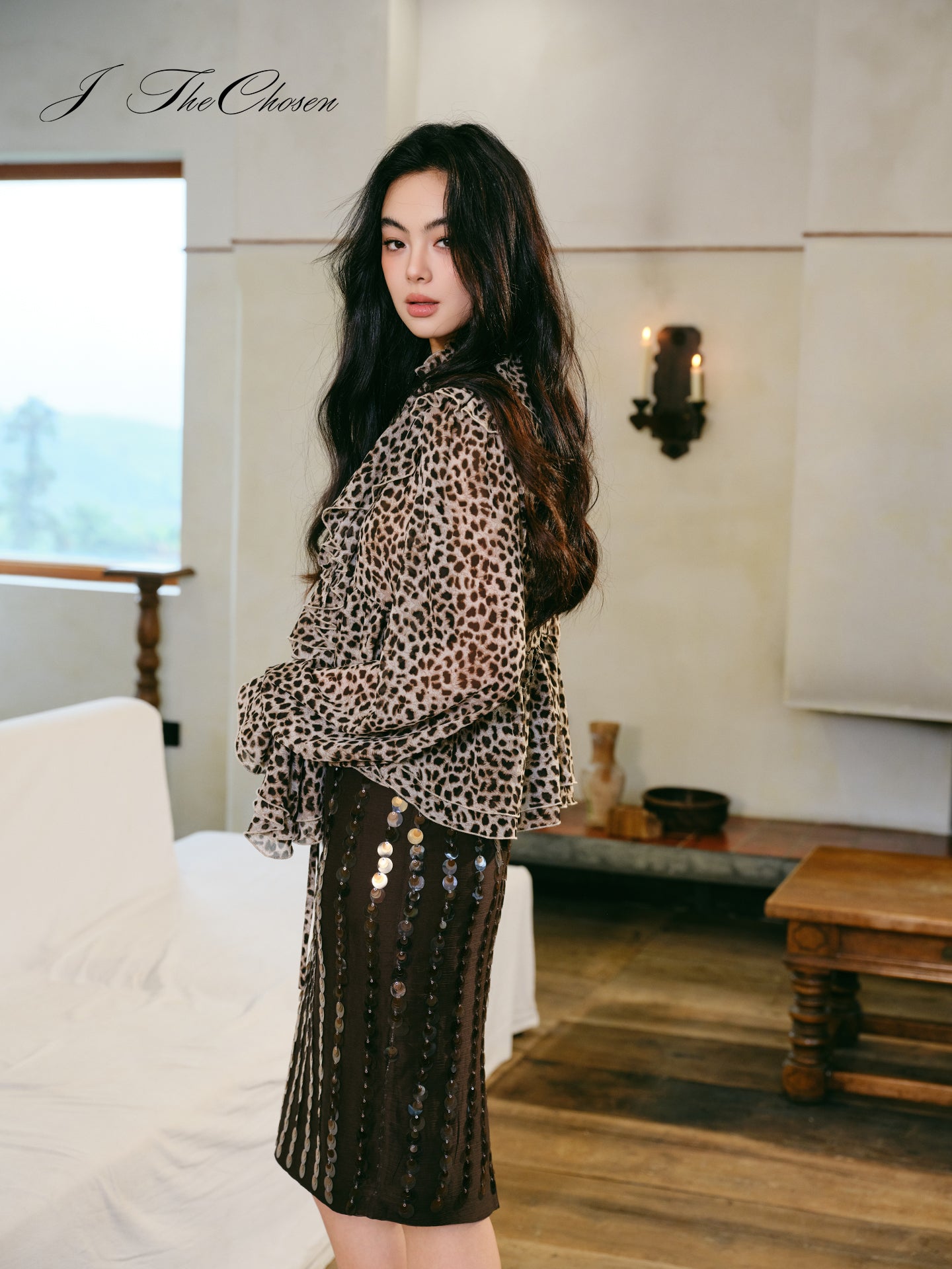 J TheChosen Ruffle Leopard Shirt & Sequin A-Line Skirt Set