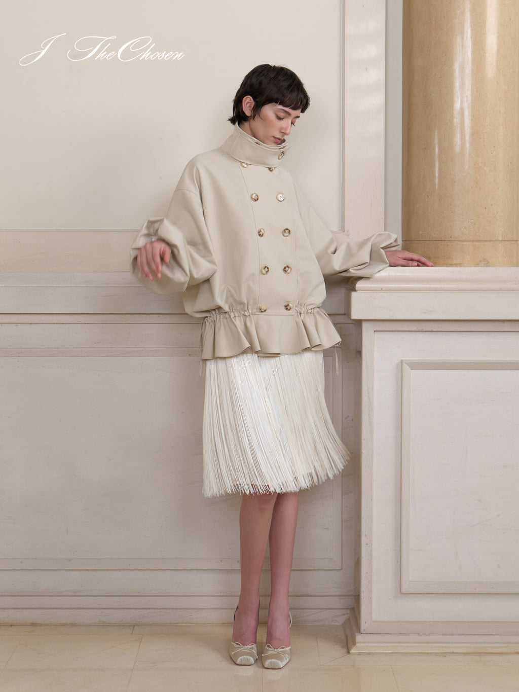 J TheChosen Drawstring Ruffle Trench Coat