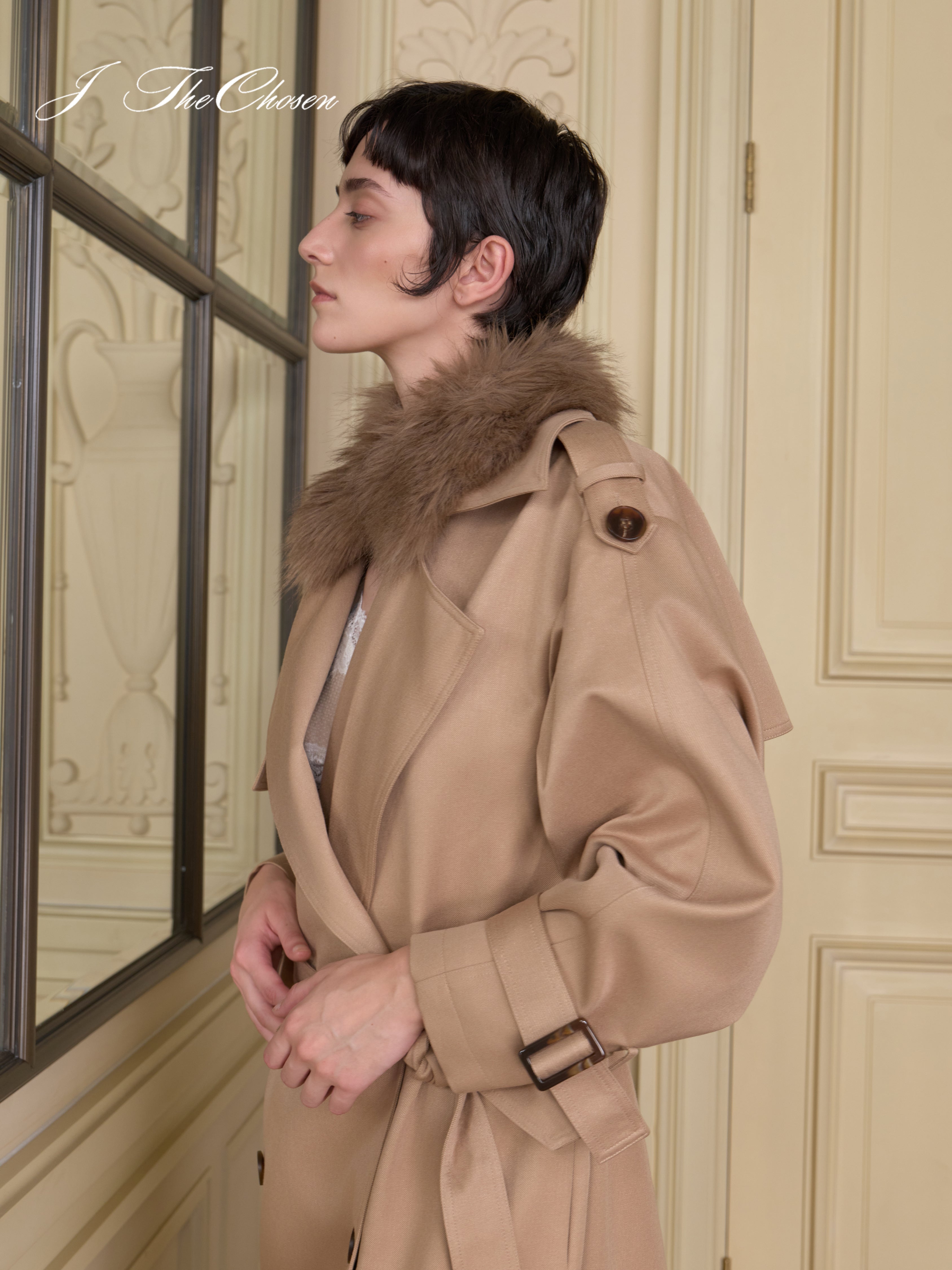 J TheChosen Shimmer Trench Coat with Fur Collar