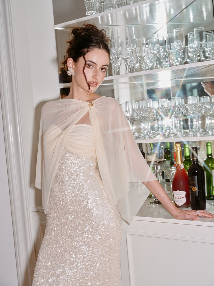 J TheChosen "Golden Reverie" Strapless cape gown maxi dress