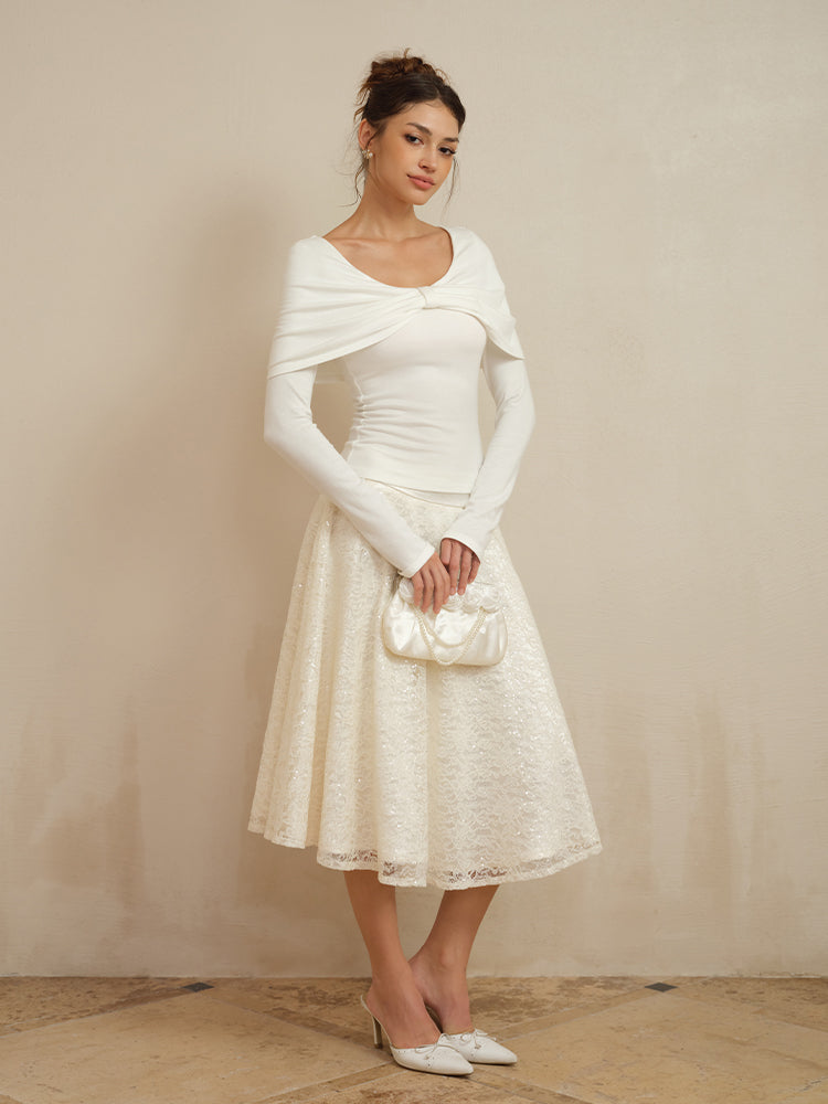 J TheChosen A-Line Flared Lace Sequin Satin Midi Skirt