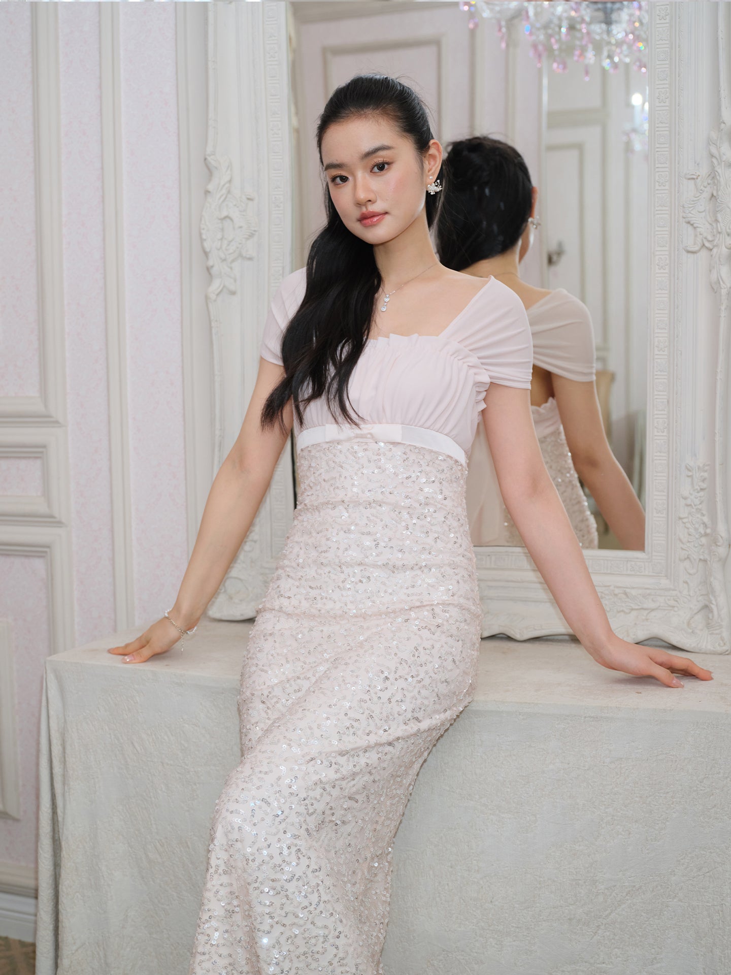 J TheChosen Pink Sequin Chiffon Bow Dress