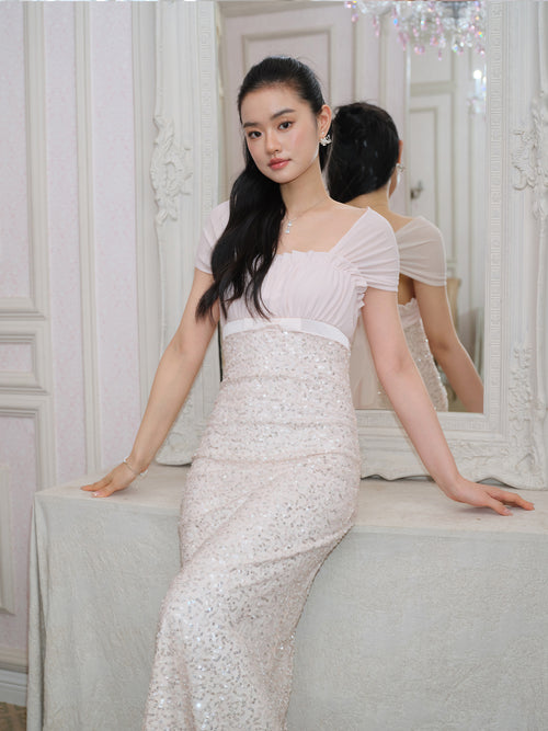 J TheChosen Pink Sequin Chiffon Bow Dress