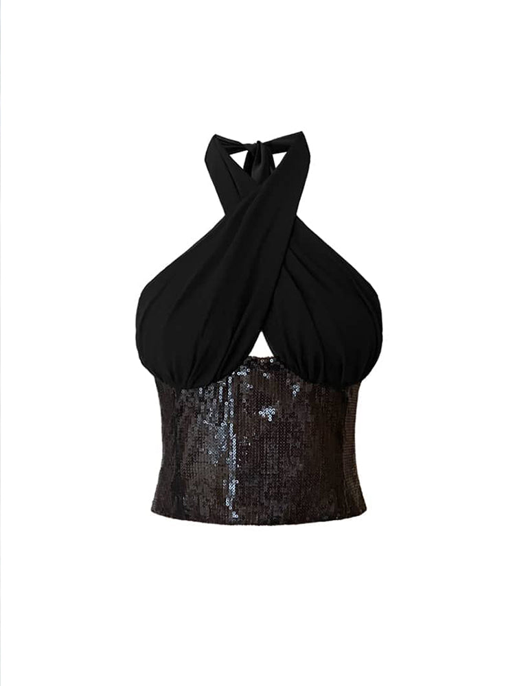 J TheChosen Black Sequin Chiffon Patchwork Top