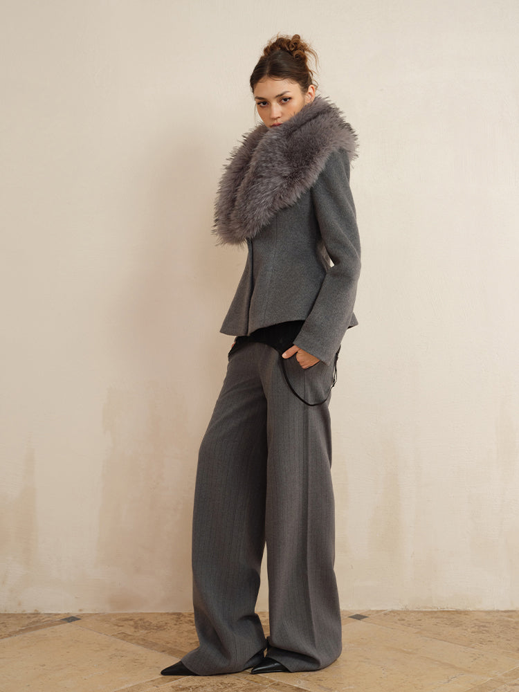 J TheChosen Removable Faux Fur Collar Waist-Cinching Wool Coat