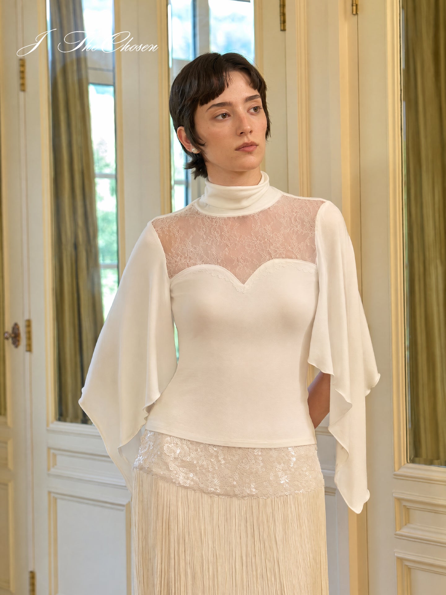 J TheChosen Lace High-Neck Knit Top