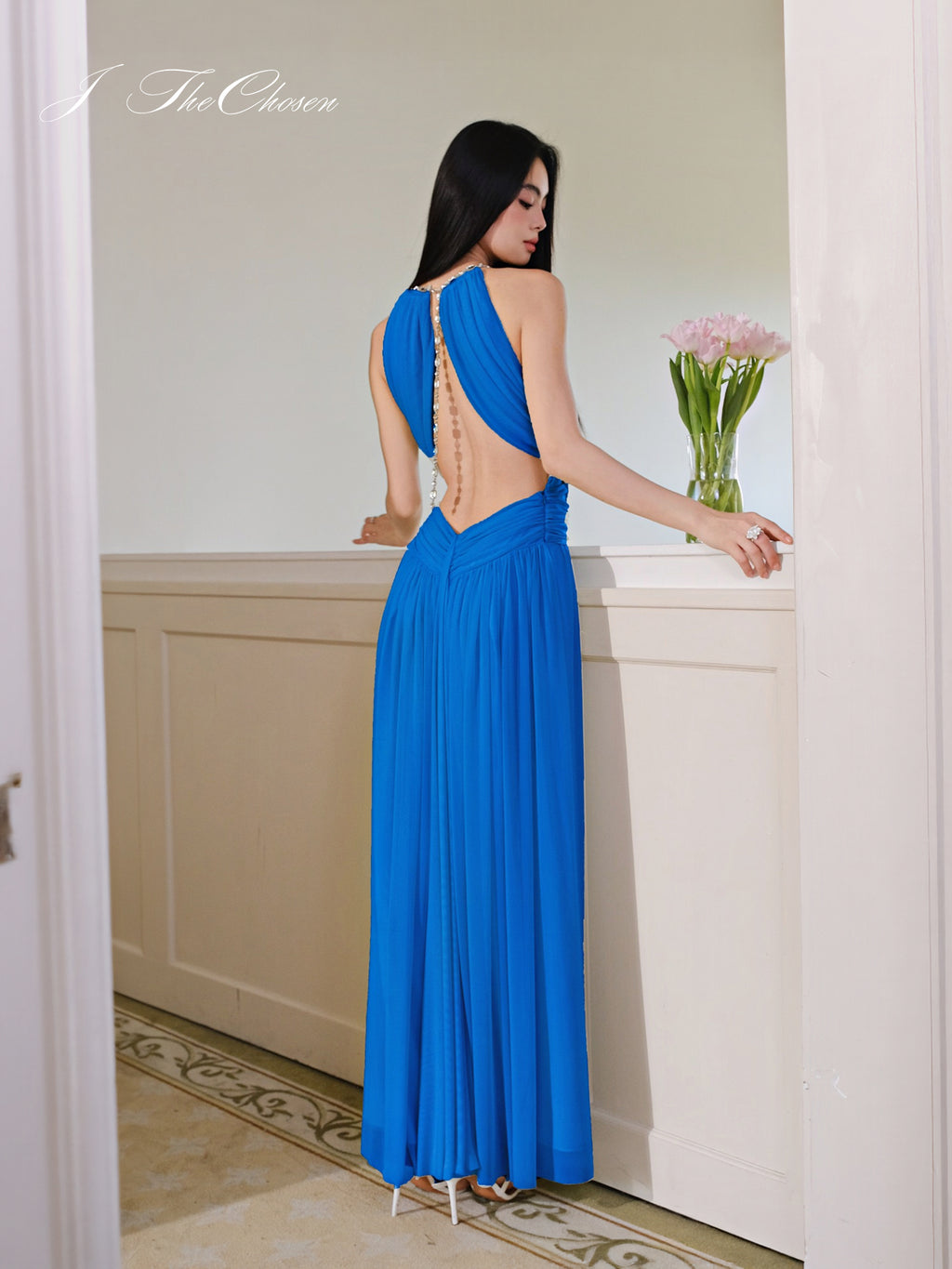 J TheChosen Mesh Ruched Halter Dress