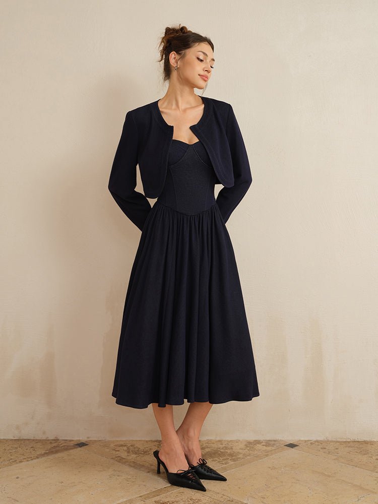 J TheChosen Navy Strapless Corset Midi Dress With Cardigan
