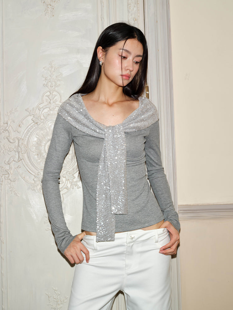 J TheChosen Grey Sequin Lapel Draped Knit Top