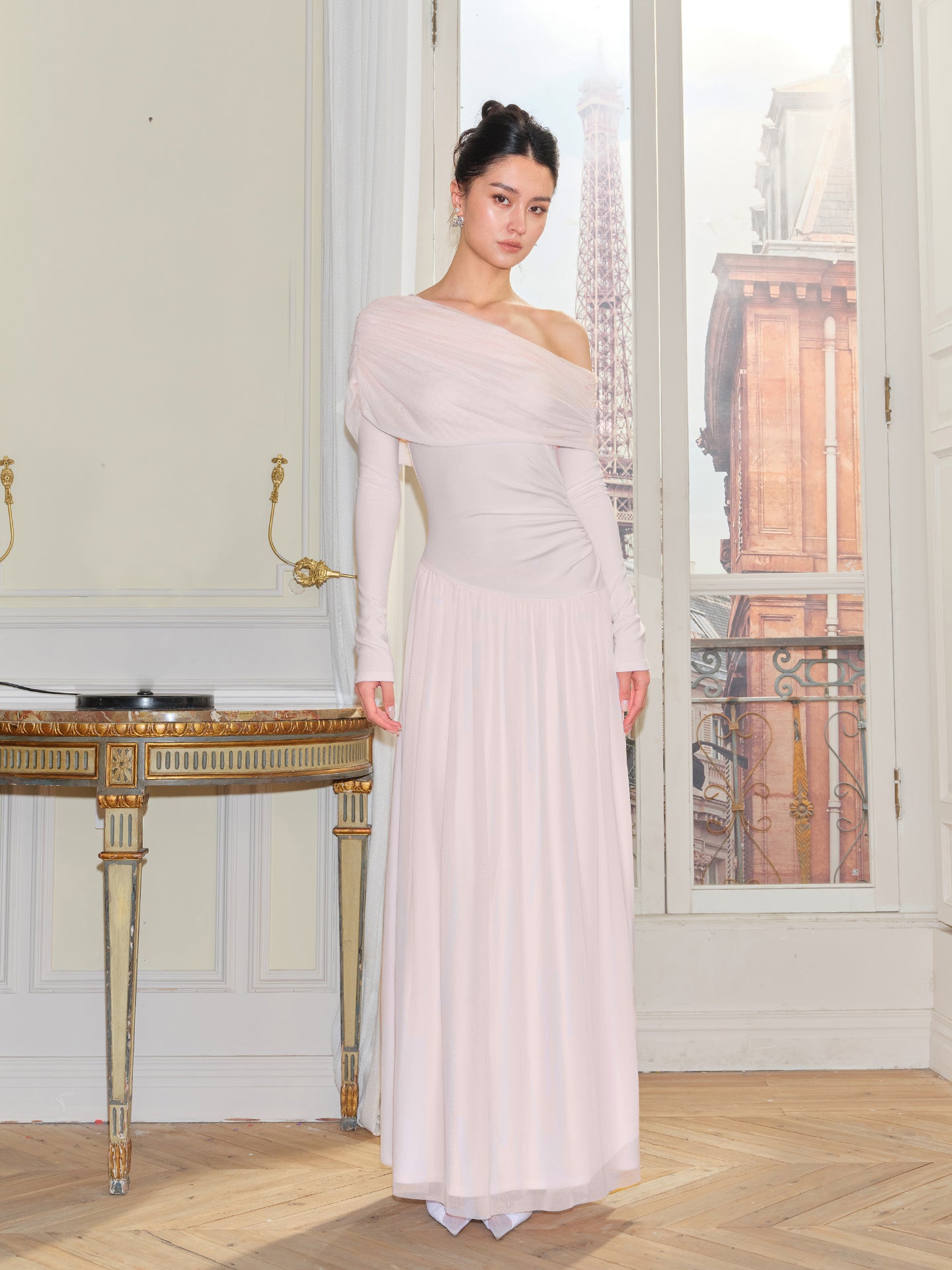 J TheChosen Milky Pink Off-Shoulder Knit Dress - Gathered Full Skirt