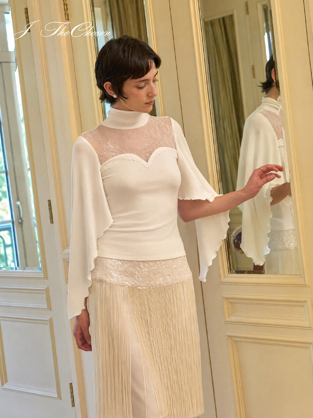 J TheChosen Lace High-Neck Knit Top