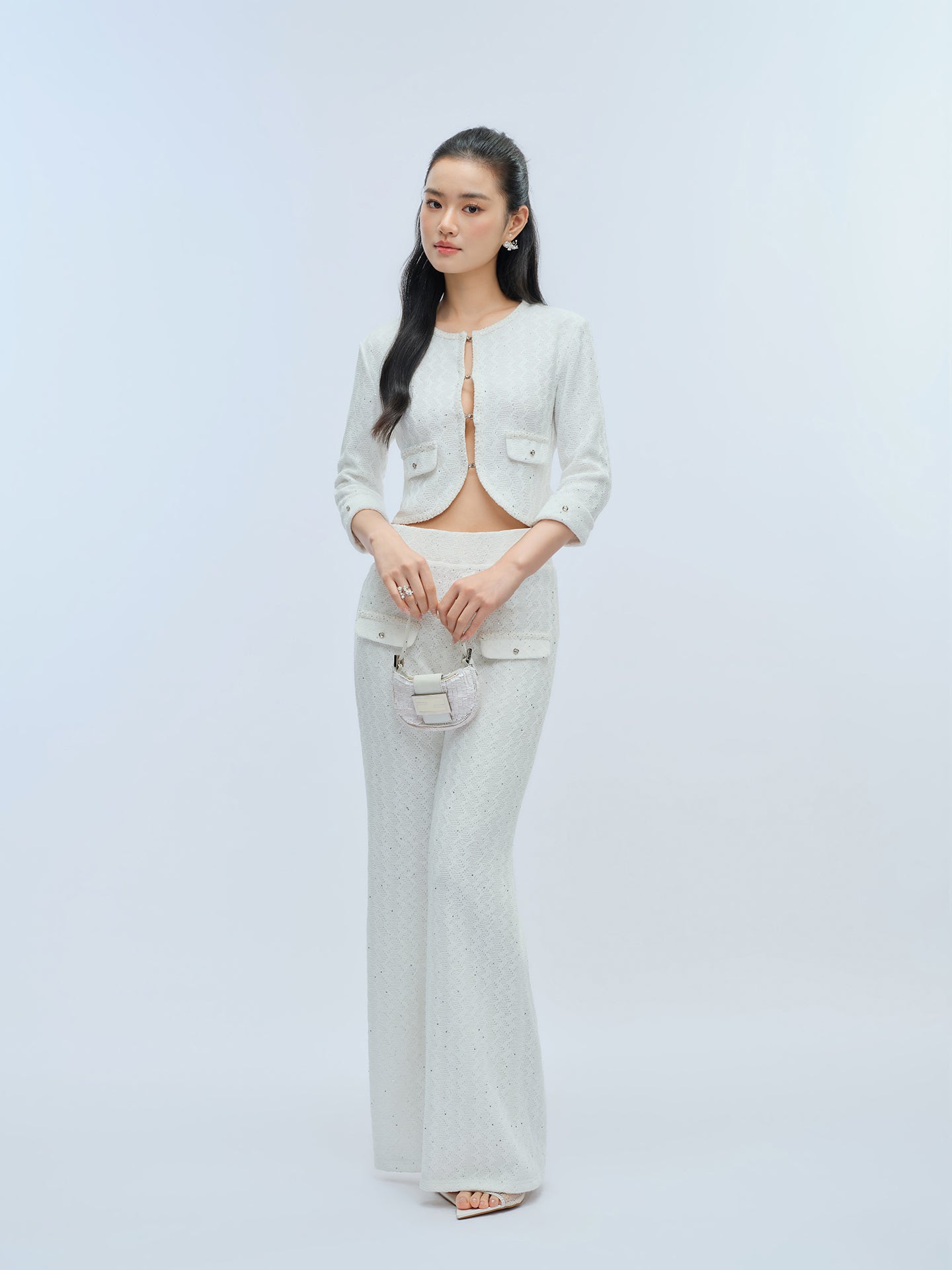 J TheChosen Openwork Sequin Knit Set with Flared Pants